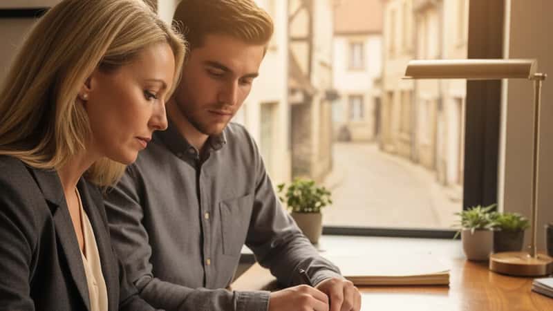 Kansas HR manager and employee reviewing final paycheck separation documents at a Topeka human resources office