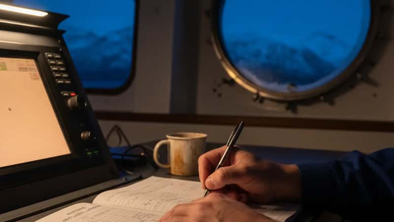 Sjømann i Tromsø fyller ut arbeidstids- og hviletidsliste på skipsbro under nattevakt
