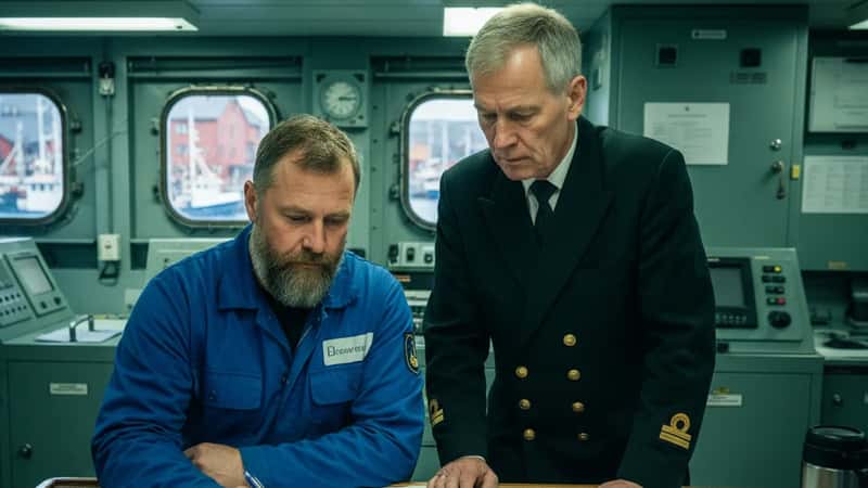 Sjømann og kaptein i Florø gjennomgår vaktplan og skiftprotokoll ved skipsoverlevering
