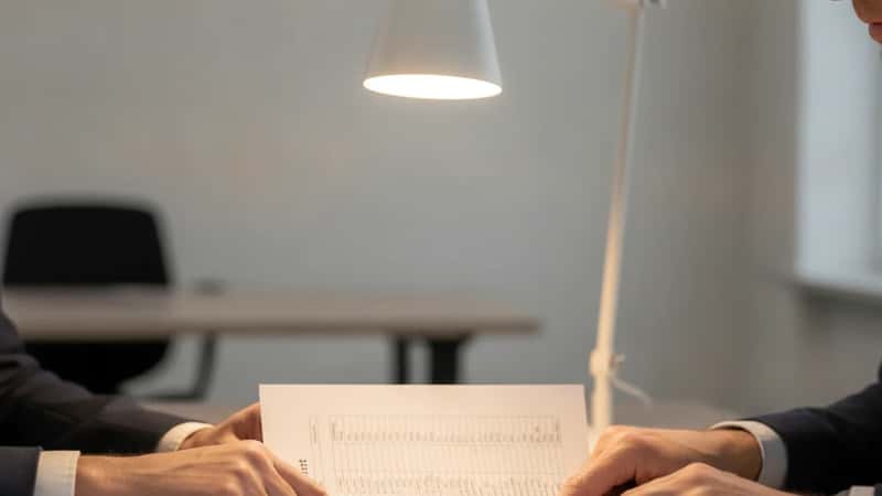 Handen die een UPO pensioenoverzicht bestuderen aan een bureau in Rotterdam, met getallen en drie scenario's zichtbaar op het document