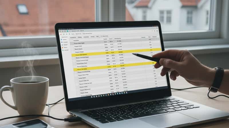 Norsk ingeniør gjennomgår digitale timelister og overtidsregistrering på laptop i Trondheim