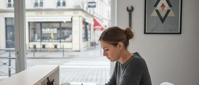 Kvinna granskar en reparationsfaktura vid bilverkstadens reception med penna i hand