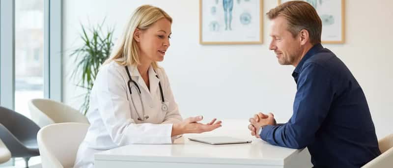 Läkare konsulterar en patient vid ett skrivbord på en modern svensk vårdcentral