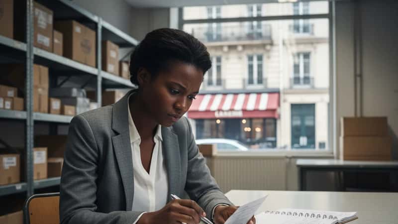 Worker reviewing pay stub at Chicago office break room, discovering wage discrepancy