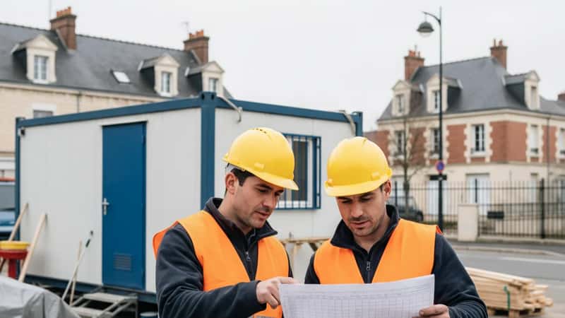 Chicago construction workers reviewing timesheet outside job site, verifying overtime hours