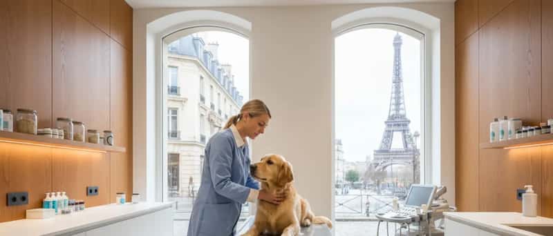 Dierenarts onderzoekt een golden retriever op de behandeltafel in een Nederlandse kliniek