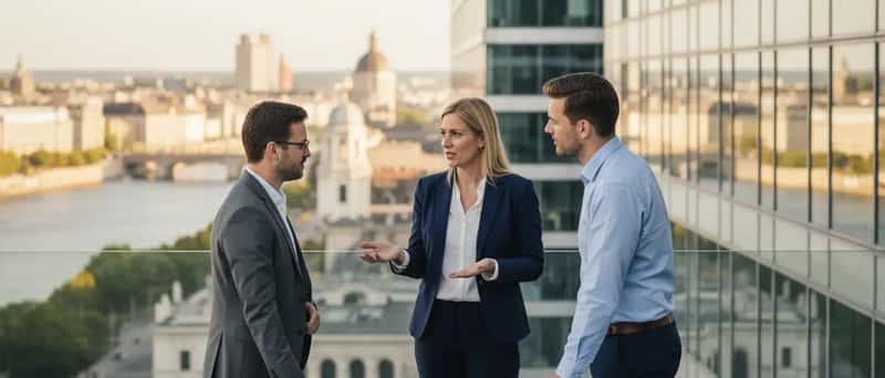 Svensk kvinna i 50-årsåldern diskuterar förmögenhetsförvaltning med rådgivare i ett modernt Stockholmskontor