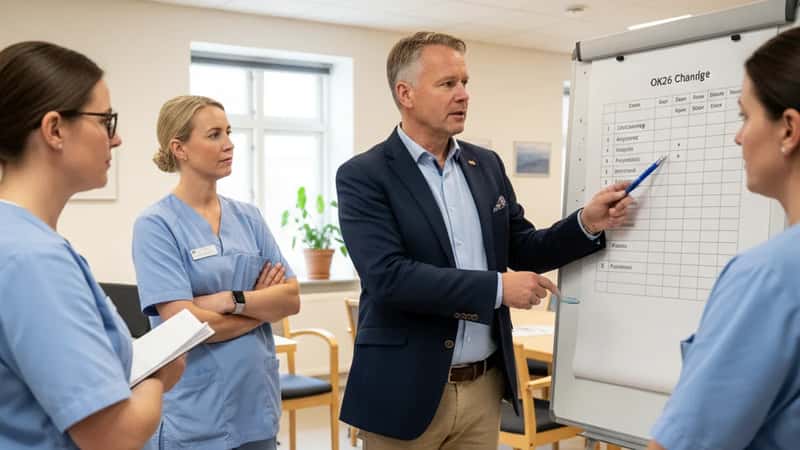 Afdelingsleder gennemgår OK26 ændringer med sygeplejersker i personalemøde i Aarhus