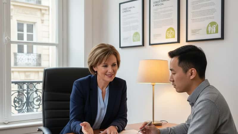 A Madison Wisconsin hospital HR manager explaining FMLA paperwork to an employee at a desk with family medical leave posters on the wall