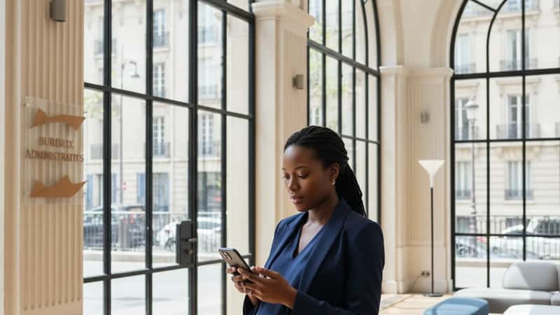 A Milwaukee Wisconsin office building lobby with a pregnant professional in business attire reviewing documents on her phone by large windows