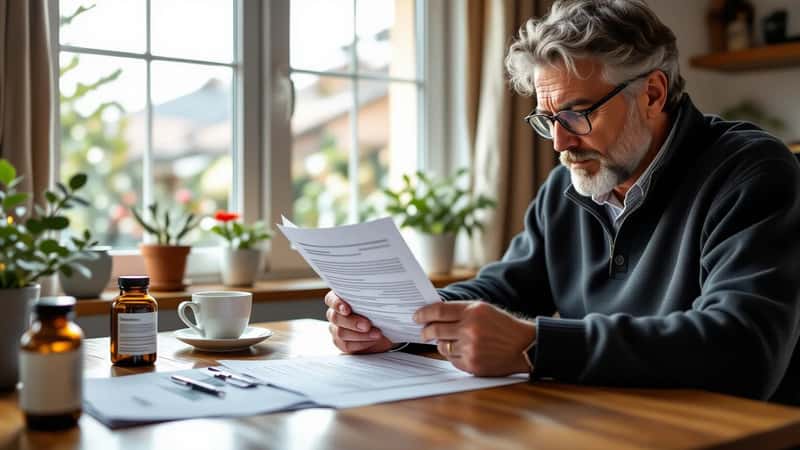 Mãos de um homem português a rever formulários de pensão de invalidez da Segurança Social sobre uma mesa, com relatórios médicos ao lado