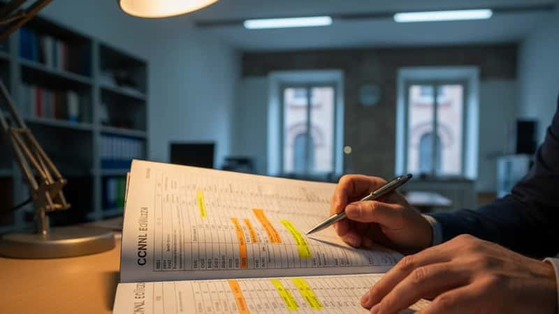 Confronto delle tabelle salariali CCNL Edilizia-Industria 2025-2028: mani di un delegato sindacale che analizza i minimi retributivi per livello in un ufficio di Bologna