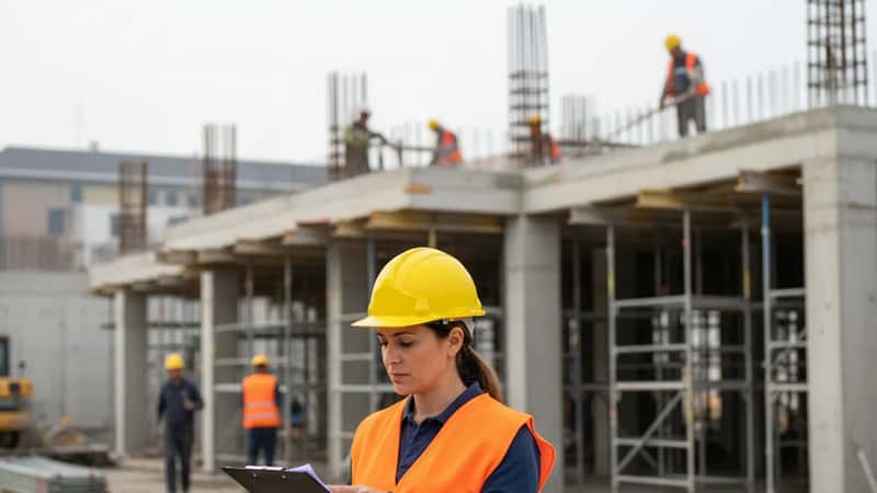 Responsabile di cantiere a Torino con elmetto di sicurezza che verifica i documenti contrattuali del personale: CCNL Edilizia applicato sul posto di lavoro