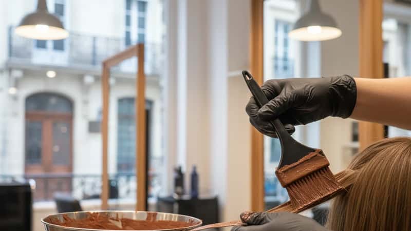 Coiffeuse appliquant une coloration capillaire avec un pinceau dans un salon de Lyon, gants professionnels et bol de couleur