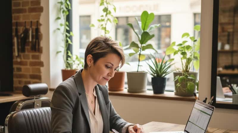Responsable de salon de coiffure parisien consultant des documents administratifs à son bureau, lumière naturelle et plantes en vitrine