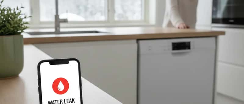 Smarttelefon med vannlekkasjealarm på kjøkkenbenken ved siden av en moderne oppvaskmaskin i et skandinavisk hjem