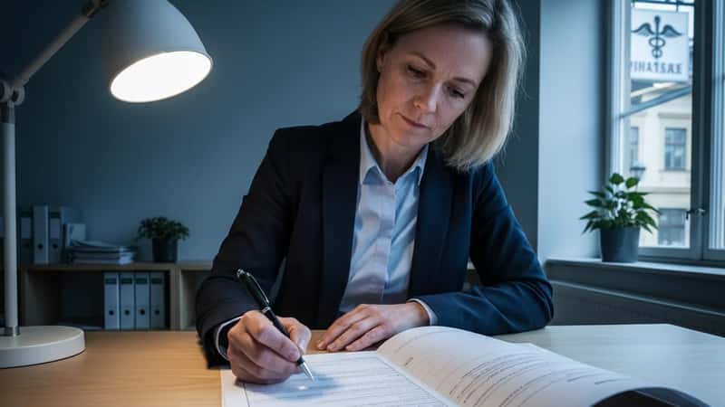HR-chef annoterar lönerevisionsavtal vid minimalistiskt Skandinaviskt skrivbord i apotekets administrativa kontor