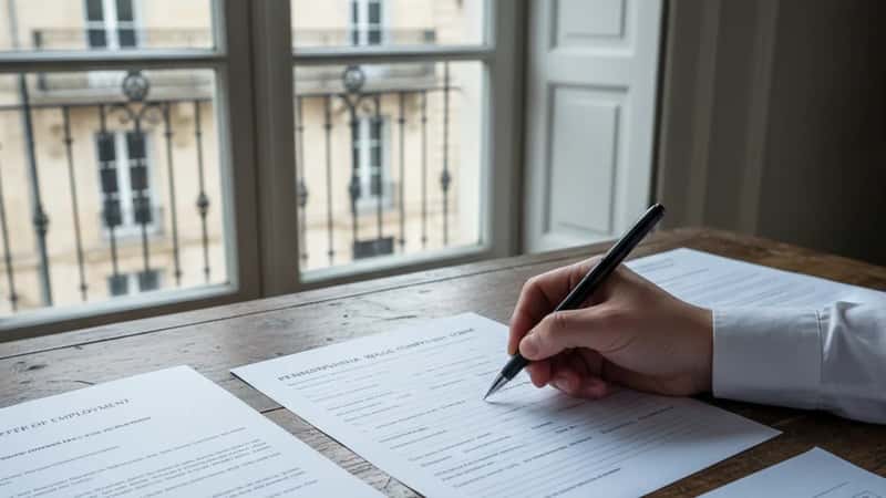 Pennsylvania Latina woman at kitchen table reviewing final paycheck stub and separation letter, overcast daylight