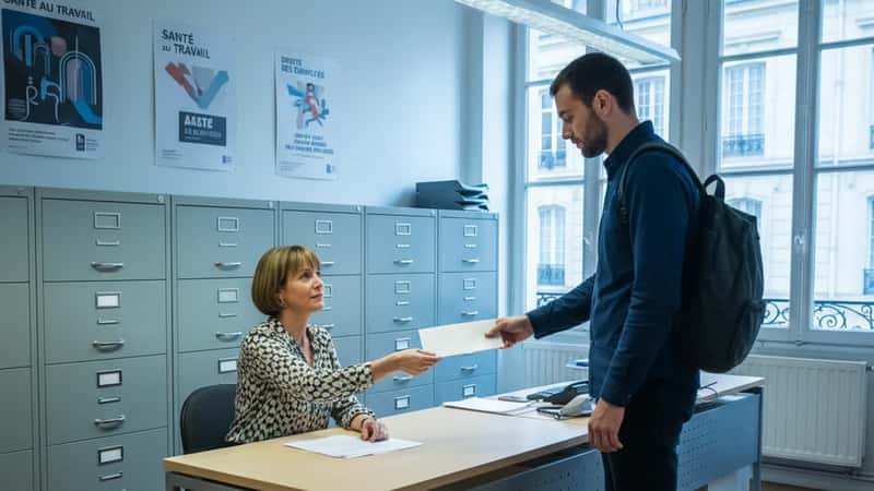 Pennsylvania payroll administrator handing final paycheck envelope to departing employee in a Philadelphia-area office