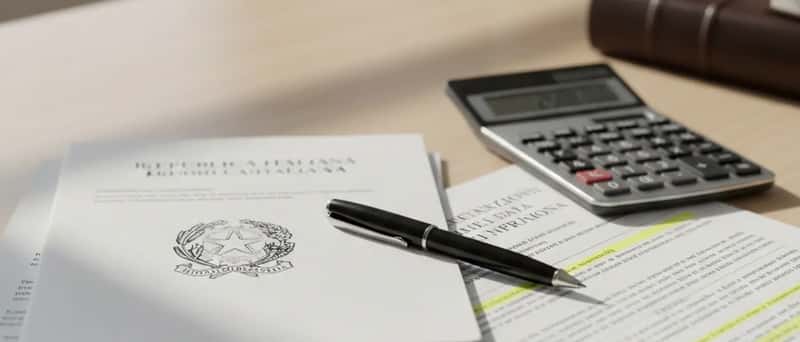 Documenti di contratto assicurativo con penna e calcolatrice su una scrivania di legno, luce naturale