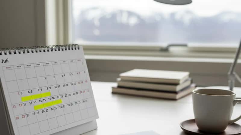 Statsansatt planlegger feriedager med kalender og Ferieloven-dokument på hjemmekontor i Tromsø