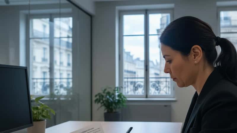 An HR manager reviews a printed FMLA eligibility checklist at a Provo Utah corporate office desk, checking boxes with a pen beside an open employee file
