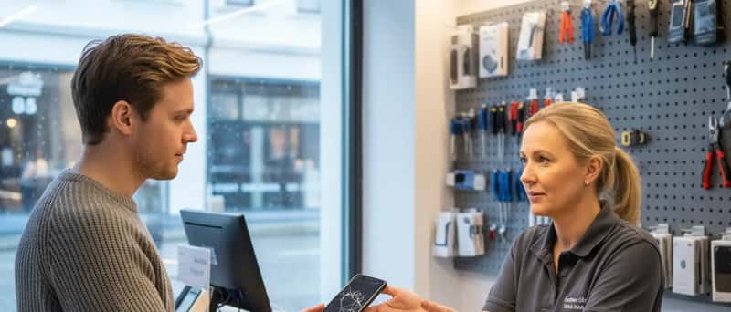Kunde leverer inn sprukket mobiltelefon til reparatør i en mobilreparasjonsbutikk i Oslo