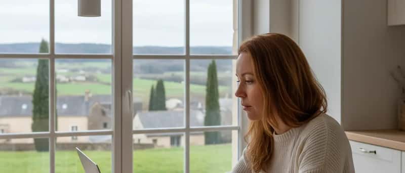 Norsk kvinne sammenligner reparasjonspriser på laptop ved kjøkkenbordet med sprukket iPhone ved siden av