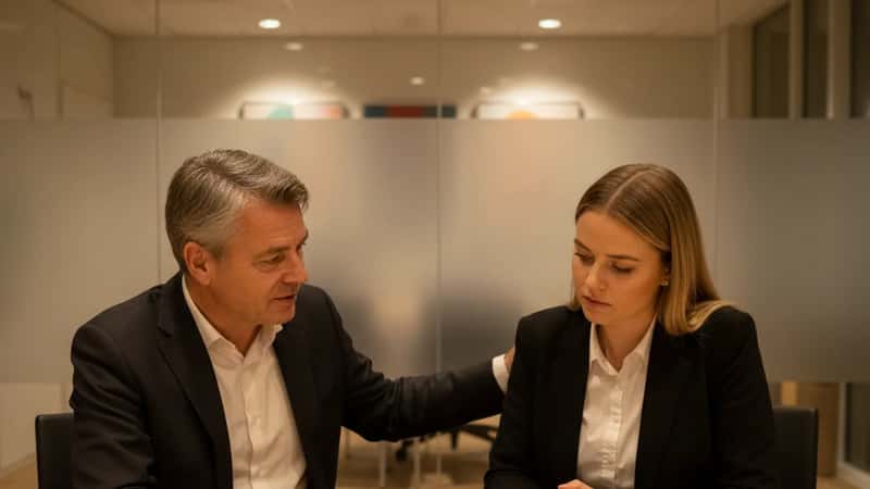 Tillidsrepræsentant støtter medarbejder ved opsigelsessamtale på regionalt kontor i Vejle