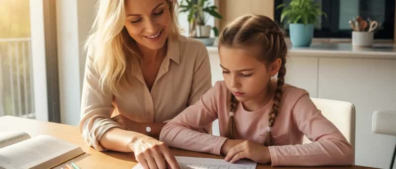 Eltern und Kind besprechen Schulnoten gemeinsam am Küchentisch in einem deutschen Zuhause