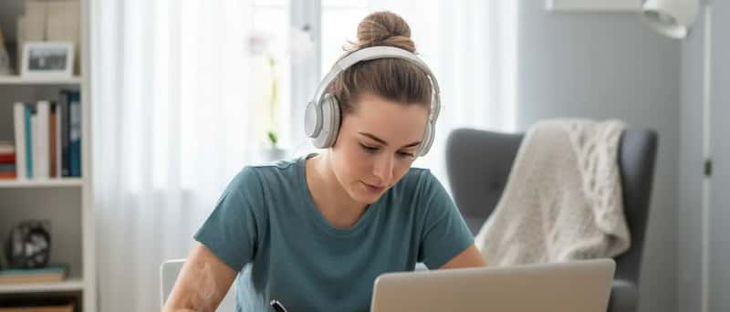 Schülerin nimmt an einer Online-Nachhilfe-Sitzung am Laptop in einem gemütlichen Arbeitszimmer teil