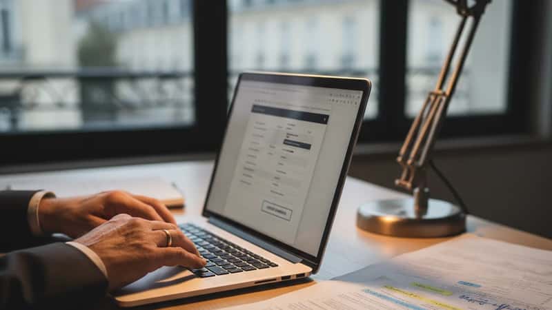 Mains sur un clavier d'ordinateur avec des documents juridiques pour rédiger un testament numérique