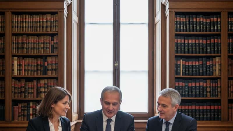 Notaire expliquant un document successoral à un couple dans son bureau de Rennes