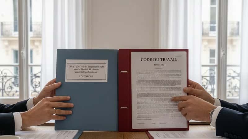 Deux documents légaux comparés côte à côte sur un bureau en chêne dans un cabinet de droit du travail à Lyon — Loi DDADUE et Code du travail