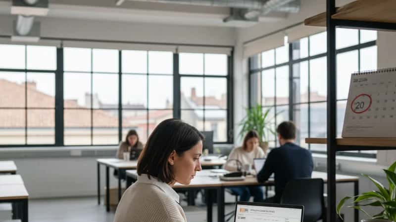 Employée française vérifiant son solde de congés payés sur un ordinateur portable dans un bureau lyonnais, calendrier de mai 2026 visible en arrière-plan