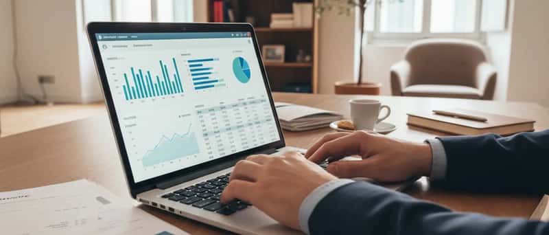 Mani su un laptop con dashboard finanziaria, fatture e ricevute sulla scrivania in un ufficio italiano