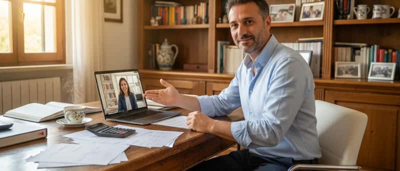 Imprenditore italiano in videocall con un commercialista, documenti e calcolatrice sulla scrivania