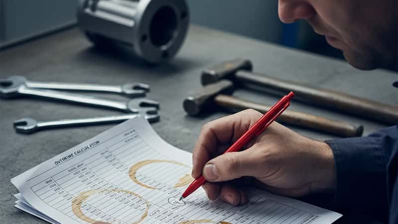 Norsk industriarbeider med overtidsskjema sjekker arbeidstid på fabrikk i Stavanger