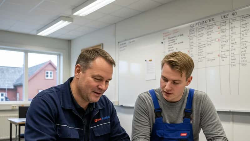 Tillitsvalgt og verkstedsarbeider gjennomgår skiftplan på møterom i Bergen