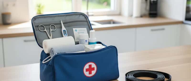 Erste-Hilfe-Set für Haustiere mit Verbandsmaterial, Fieberthermometer und Schere auf einem Küchentisch neben einer Hundeleine