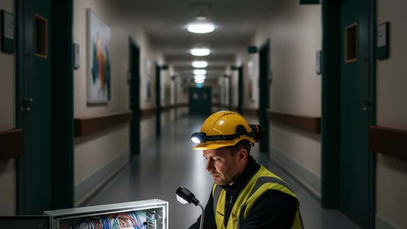 Elektriker jobbar nattetid på sjukhusets elpanel i Stockholm, arbetslampa belyser kablar, mörklagd korridor i bakgrunden