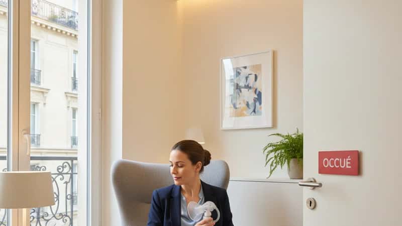 Nursing mother using private lactation room in a Shreveport corporate office, clean private space