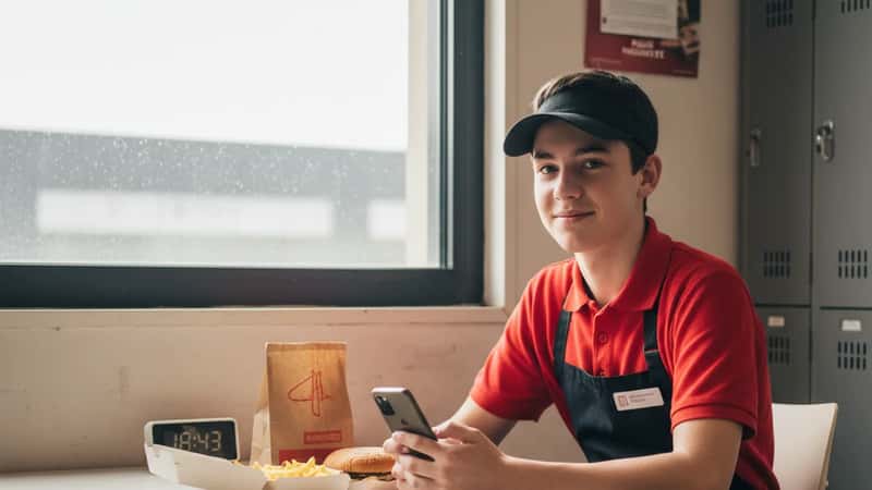Teen fast-food worker in uniform taking mandated break in Lafayette restaurant staff area