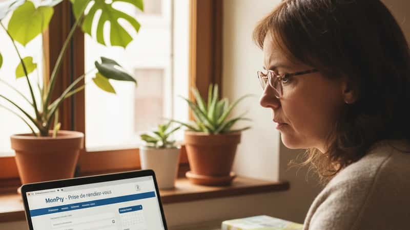 Femme française utilisant le dispositif MonPsy depuis chez elle à Strasbourg, recherche en ligne d'un psychologue conventionné, démarche de soin accessible depuis le domicile