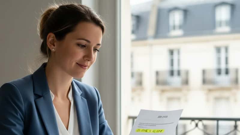Candidate française examinant une offre d'emploi avec fourchette salariale dans un bureau de Nantes