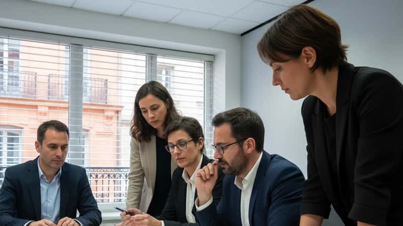 Réunion du Comité Social et Économique dans une salle de réunion moderne à Toulouse, professionnels examinant des rapports salariaux
