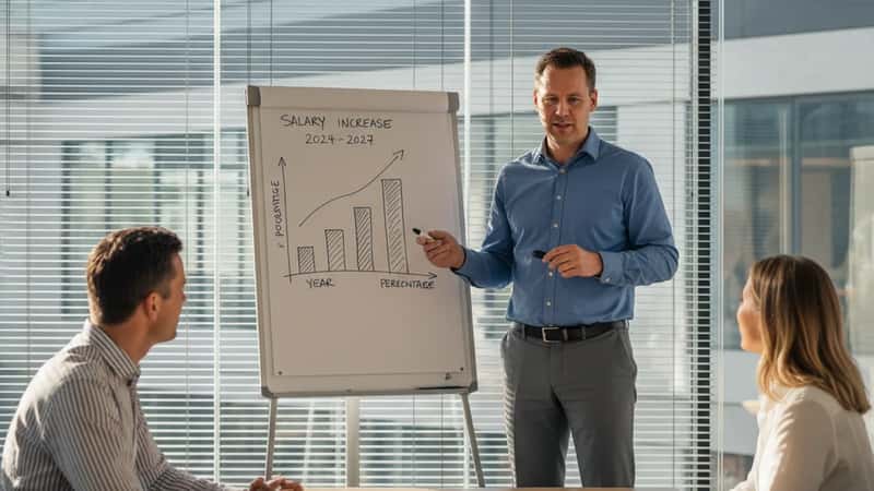 HR-chef i Kolding præsenterer lønforhøjelsesoversigt på whiteboard for kolleger i glasmøderum