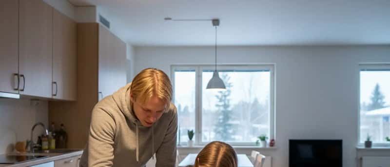 Yksityisopettaja auttaa teini-ikäistä matematiikan läksyissä suomalaisessa keittiössä