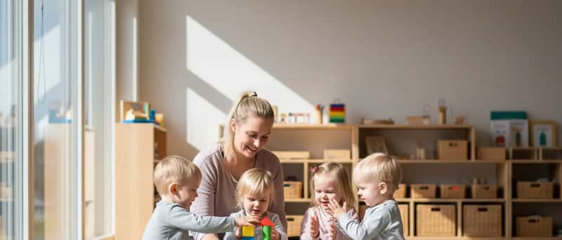 Varhaiskasvatuksen opettaja leikkii lasten kanssa palikoilla valoisassa suomalaisessa päiväkodissa