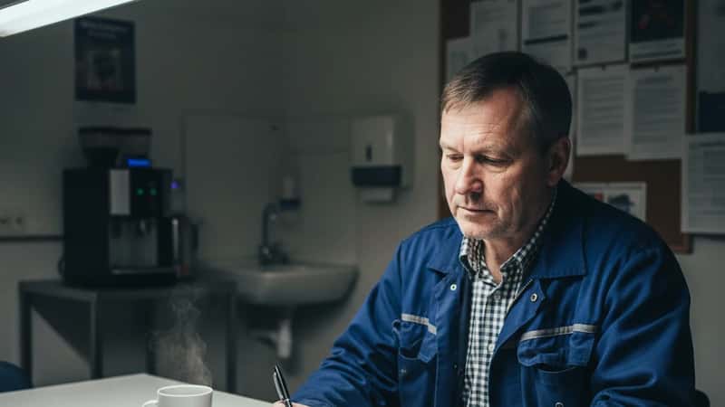 Norsk lastebilsjåfør i Trondheim pauserom registrerer kjøretid i arbeidsdagbok